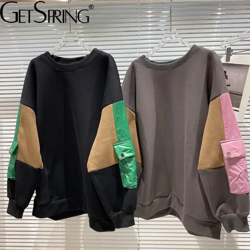 

GetSpring Women Hoodies Cotton Patchwork Ladies Sweatshirt Pullovers Full Sleeve Loose Casual Long Female Autumn Tops 2021 New