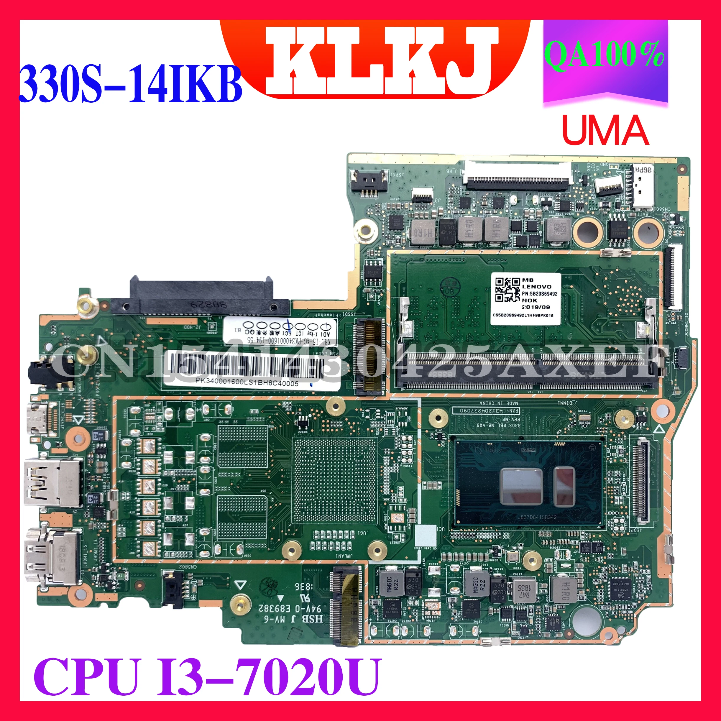 

KLKJ 330S_KBL_MB_V07 Laptop Motherboard For Lenovo Ideapad 330S-14IKB Original Mainboard 4GB-RAM I3-7020U UMA