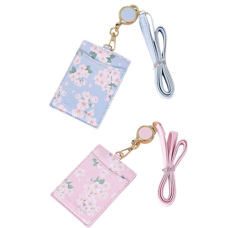 

Cute FlowersPU Leather Bus ID Credit Card Holder Case Portable Badge Retractable Neck Strap Lanyard