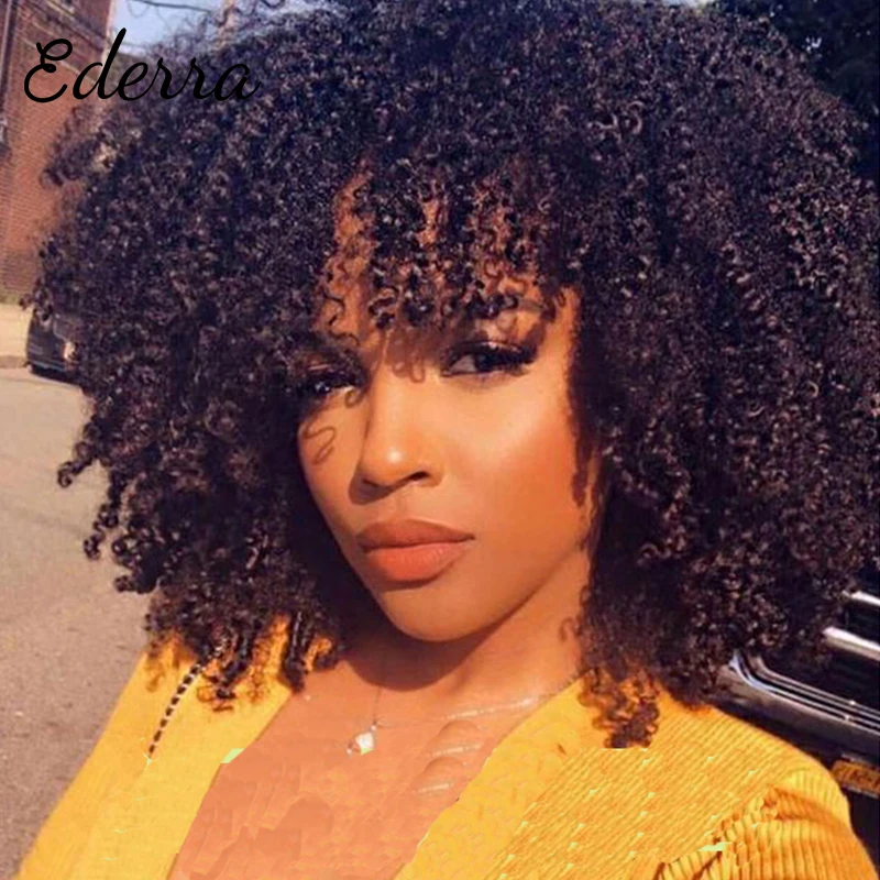 

Afro Kinky Curly Wig With Bangs Full Machine Made Scalp Top Wig 150% Density Brazilian Short Curly Human Hair Wigs