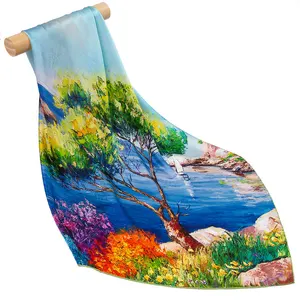 Шарф женский из 100% чистого шелка, хиджаб с изображением морского дерева, женский шарф для волос, художественный квадратный шелковый головной платок с картиной маслом, бандана на шею