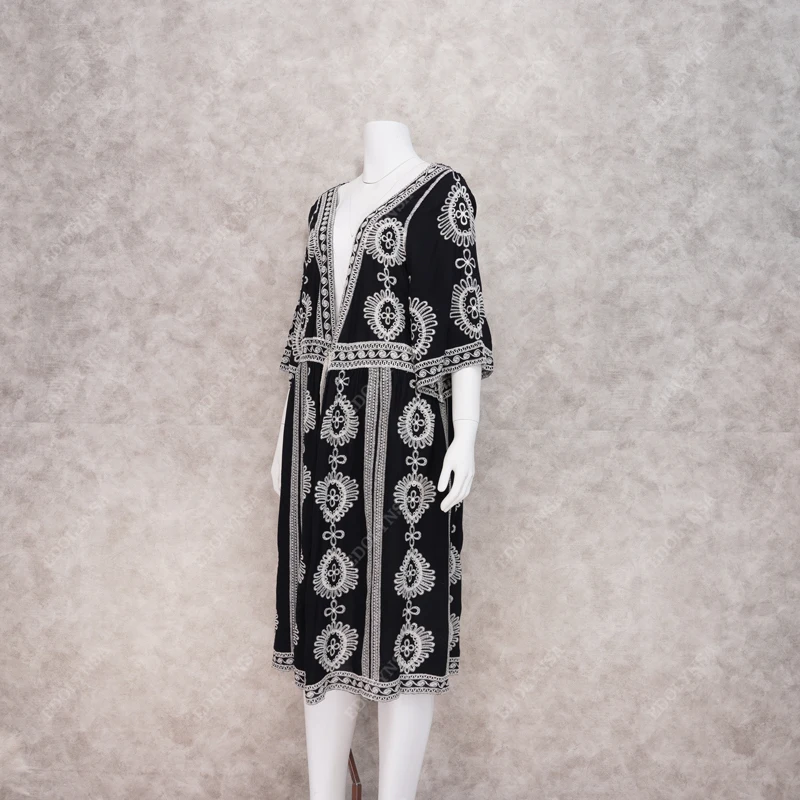2021 черный в богемном стиле с вышивкой коротким рукавом по колено Сезон лето