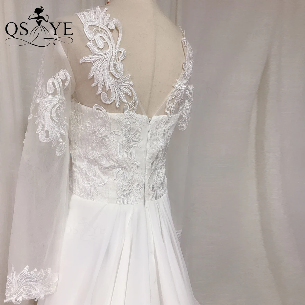 

QSYYE Broken Size White Wedding Dresses Long Sleeves Lace Bridal Gown Applique Illusion Bride Dress Long Tail Open Back Marriage