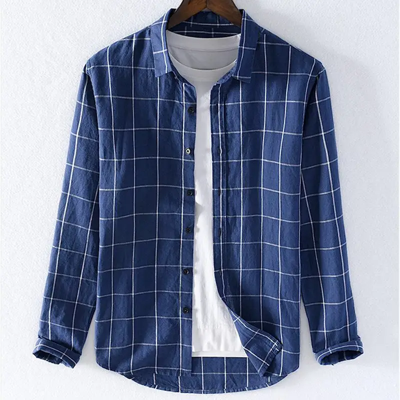 Мужская клетчатая рубашка с длинным рукавом повседневная приталенная из 100% льна