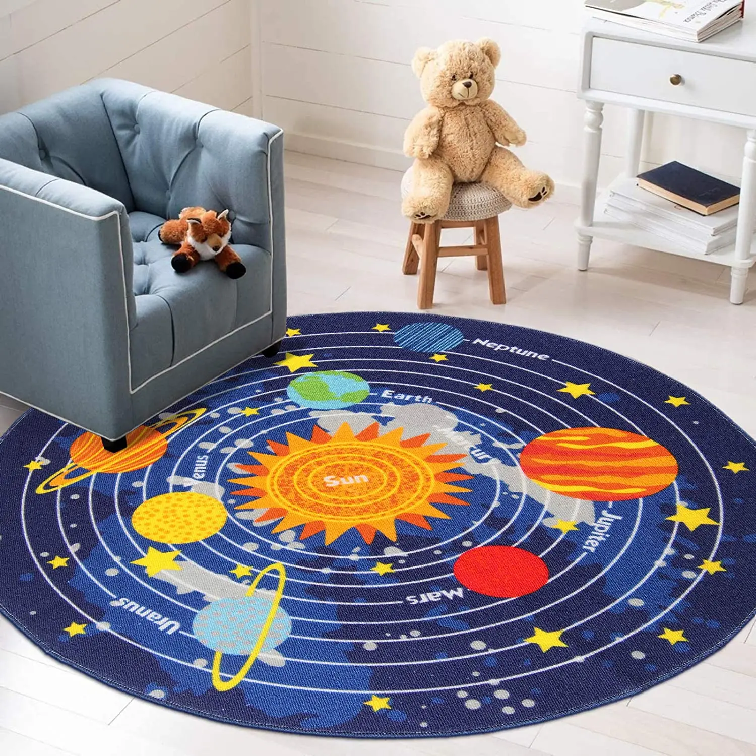 

4 Sizes Blue Solar System Theme Rugs Non-slip Washable Round Childrenâ€™s Area Rugs For Bedrooms Playrooms And Kindergartens