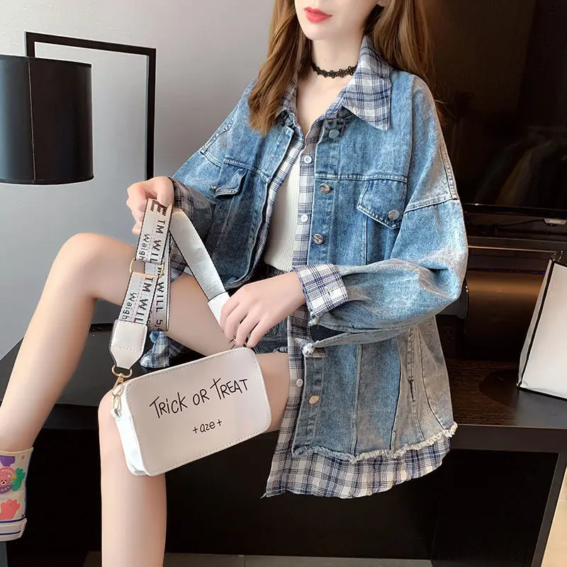 

Fake Two - Piece Denim Jacket Women 's Spring And Autumn Cardigan Loose Korean Style Youth Jacket