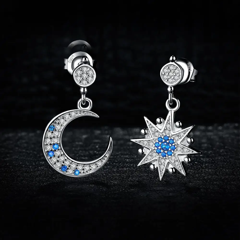 Jewelrypalace синий сапфировый кубический цирконий полумесяц и звездопад Длинные висячие серьги 925 пробы серебро AB нерегулярные гриль