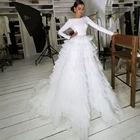 UZN Белое Бальное Платье Свадебное платье с круглым вырезом из атласа с длинным рукавом и Тюль Свадебные платья плиссированная юбка невесты платье по индивидуальному заказу сделанный