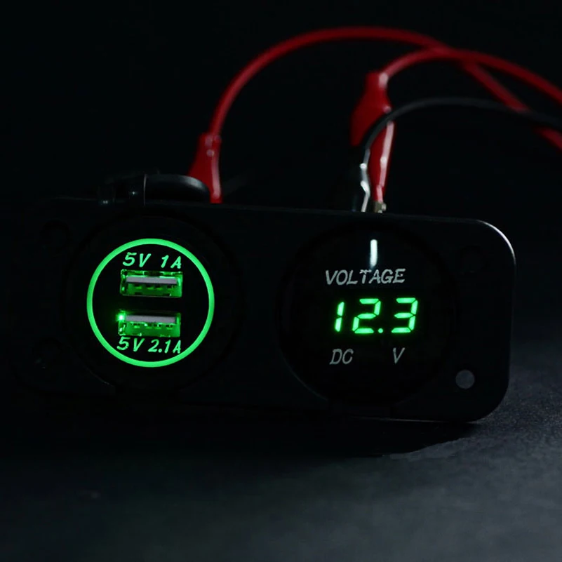 DC 12V - 24V светодиодный цифровой вольтметр + двойной USB разъем питания панель 2.1A/1A