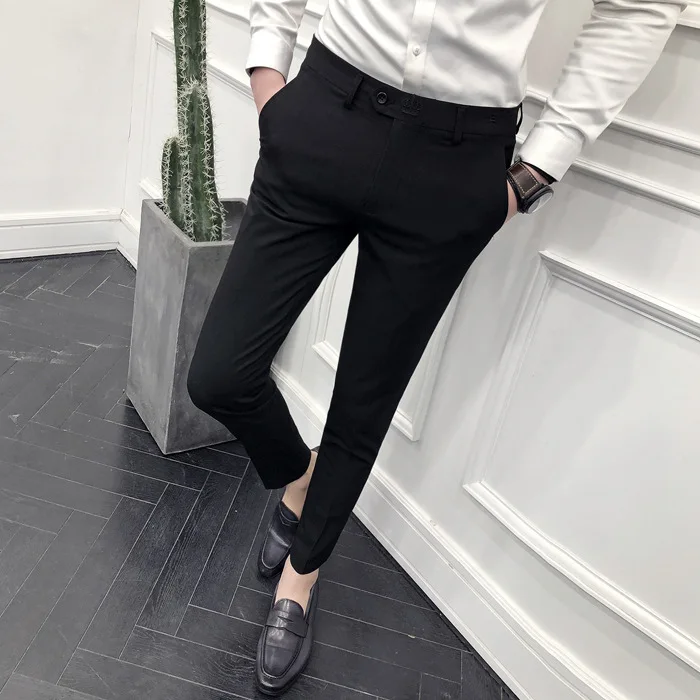 

Spring new men's embroidered crown British business trousers youth Korean Slim small foot casual trousers