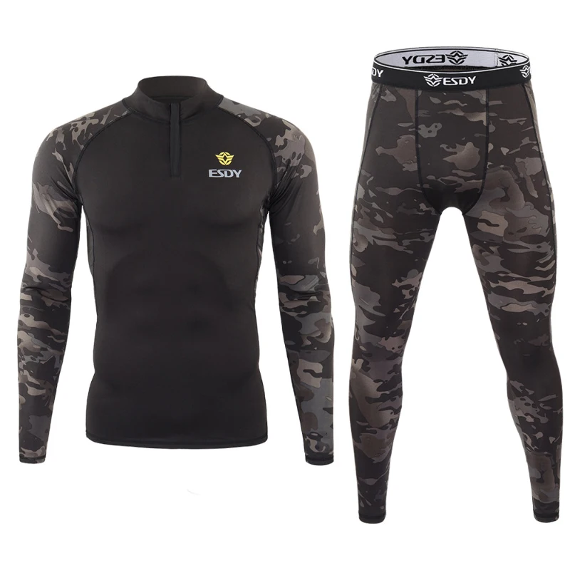 Tactical Camouflage Stitching Sleeve Tight  Physical Training Long-sleeved Suit Stretch Fleece Outdoor Sports Underwear