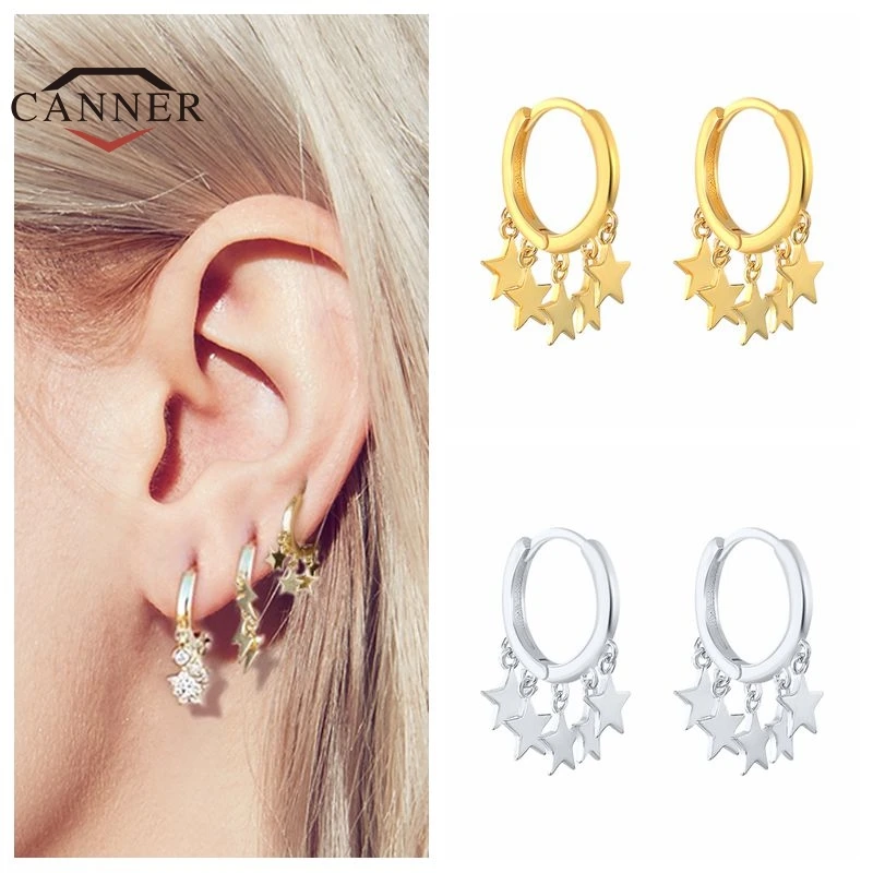 

CANNER 925 Sterling Silver Star & Moon Pendant Drop Earrings For Women Huggie Piercing Round Earring Fashion Jewelry Pendientes