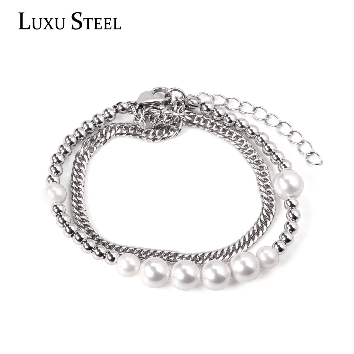 

Браслет LUXUSTEEL с имитацией жемчуга, стальные шариковые цепи, женский браслет, женские двухслойные браслеты из нержавеющей стали серебристог...