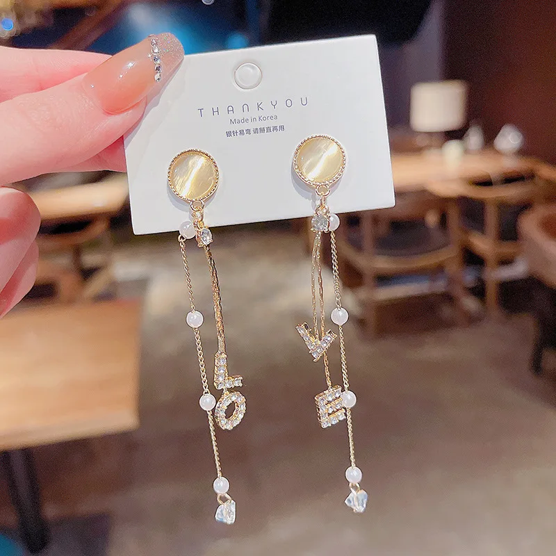 

Fashion Rhinestone Letter Love Drop Earrings for Women Korean Style Gold Color Long Pendant Earrings Girls Wedding Jewelry Gifts
