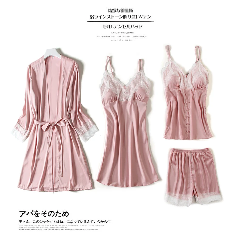 

Summer Lace Casual Solid Kimono Bathrobe Gown Lady Satin Long Sleeve Home Dress Nightgown Women V-Neck Sexy 4PCS Robe