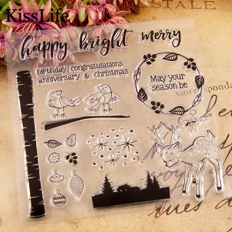 1 лист прозрачные штампы с животными оленем курицей листьями счастливыми яркими