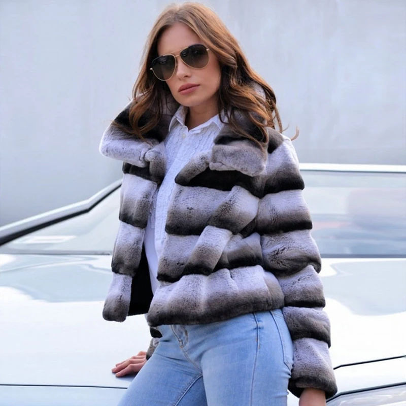 BFFUR Natural Fur Coats For Women Winter New Chinchilla Color Whole Skin Rex Rabbit Fur Jackets Stand Collar Trendy Fur Overcoat