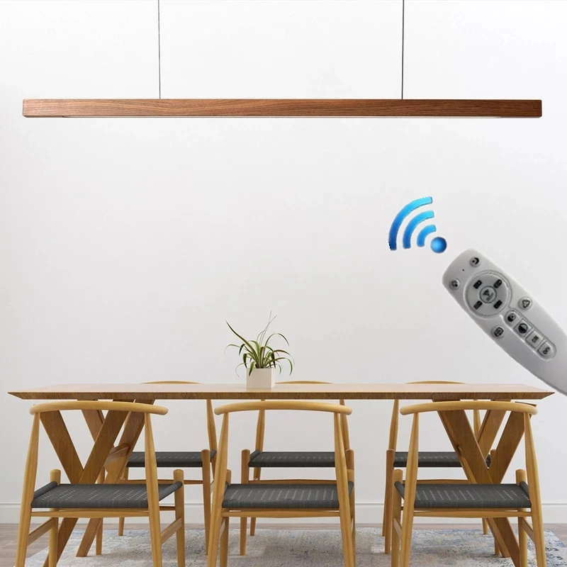 Remote Nordic Solid Wooden Pendant Lights LED Wood Pendant Lamps for Dining Living Room Kitchen Shop Long Strip Hanging Lamp