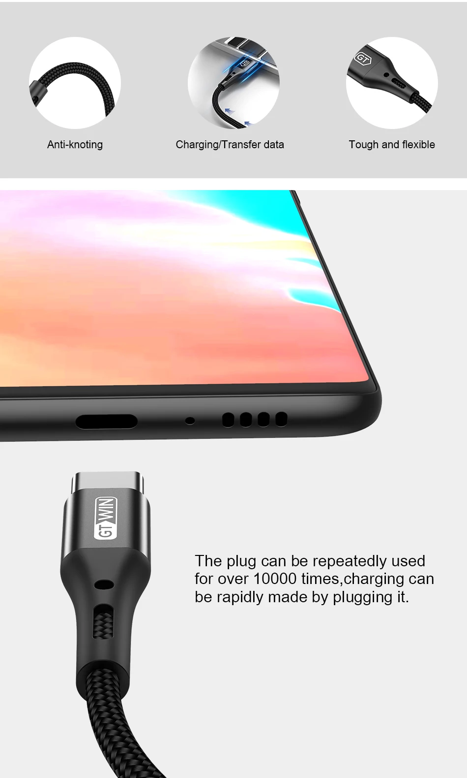 GTWIN 3 м usb type C кабель для iPad Pro samsung A50 USB C зарядное устройство для мобильного телефона Быстрая зарядка type C кабель для huawei P30 Xiaomi