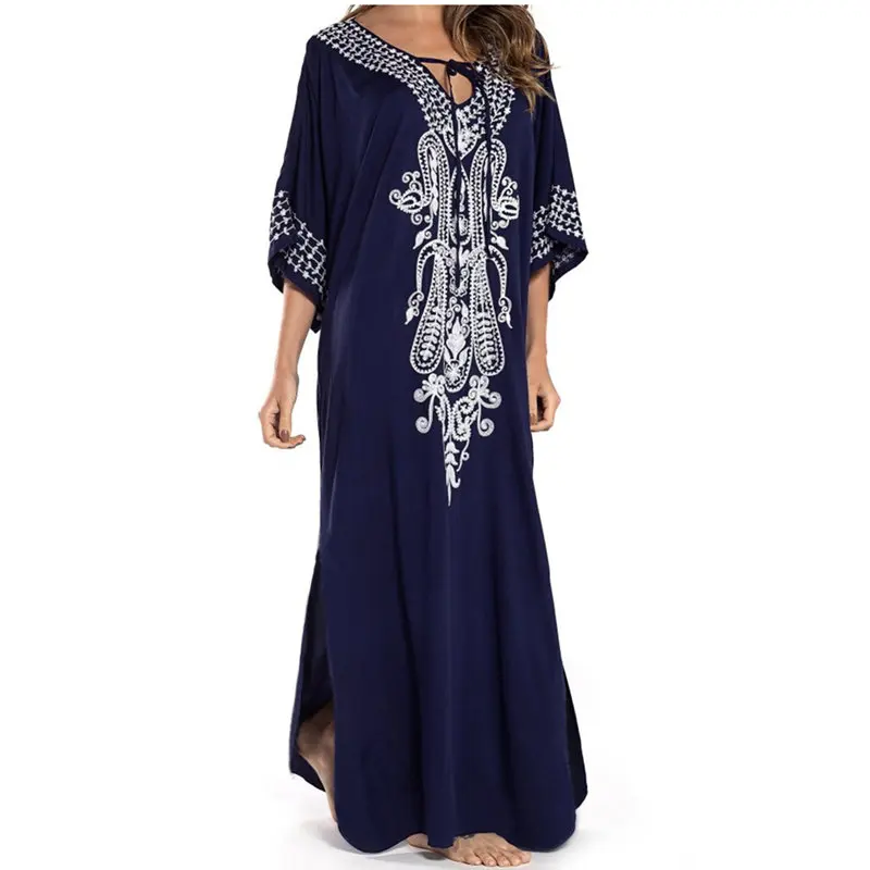 Туника женская летняя хлопковая с вышивкой большого размера Q775 2020|Пляжная