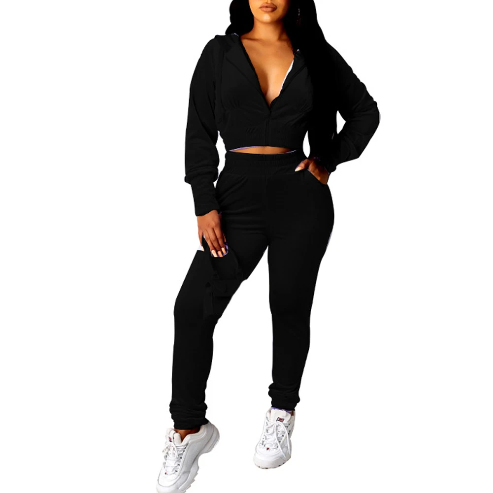 

Women Casual 2-piece Outfits Long Sleeve Zipper Hooded Sweatshirt Short Top Coat+High Waist Pants Set Sport Ladies Slim Sets