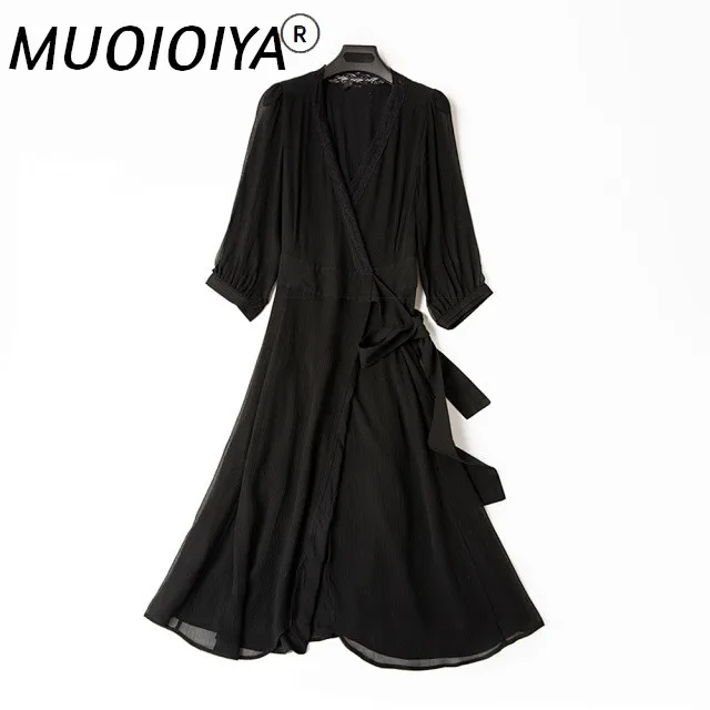 

2021 Spring Summer Women V-Neck Black Wrap Midi Dress Lace Trim Patchwork Lace-up Female Silk Long Dreses