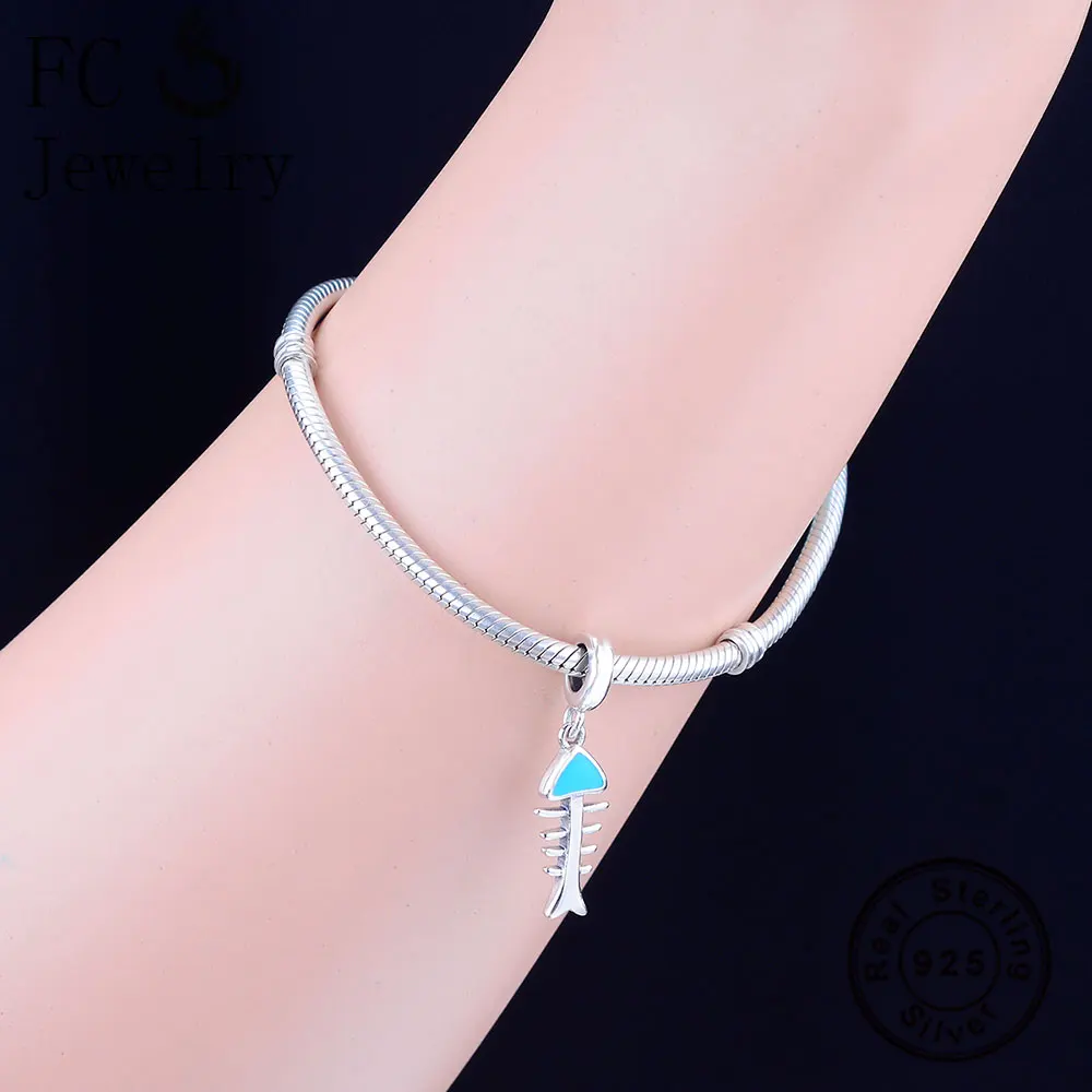 FC Jewelry Fit Original Brand Charm Bracelet 925 Sterling Silver Blue Enamel Fish Bone Cat Food Bead Making Berloque 2019 DIY | Украшения и