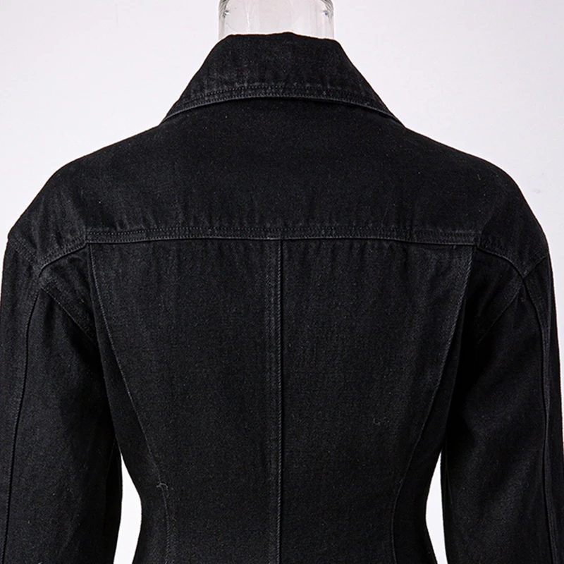

[EAM] Women Elegant Shink Black Denim Pleated Dress New Lapel Long Sleeve Loose Fit Fashion Tide Spring Autumn 2021 1DD3799