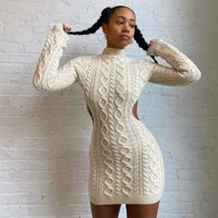 sujying autumn new fashion sexy close fitting winter new side hollow high neck long sleeve knitted dress