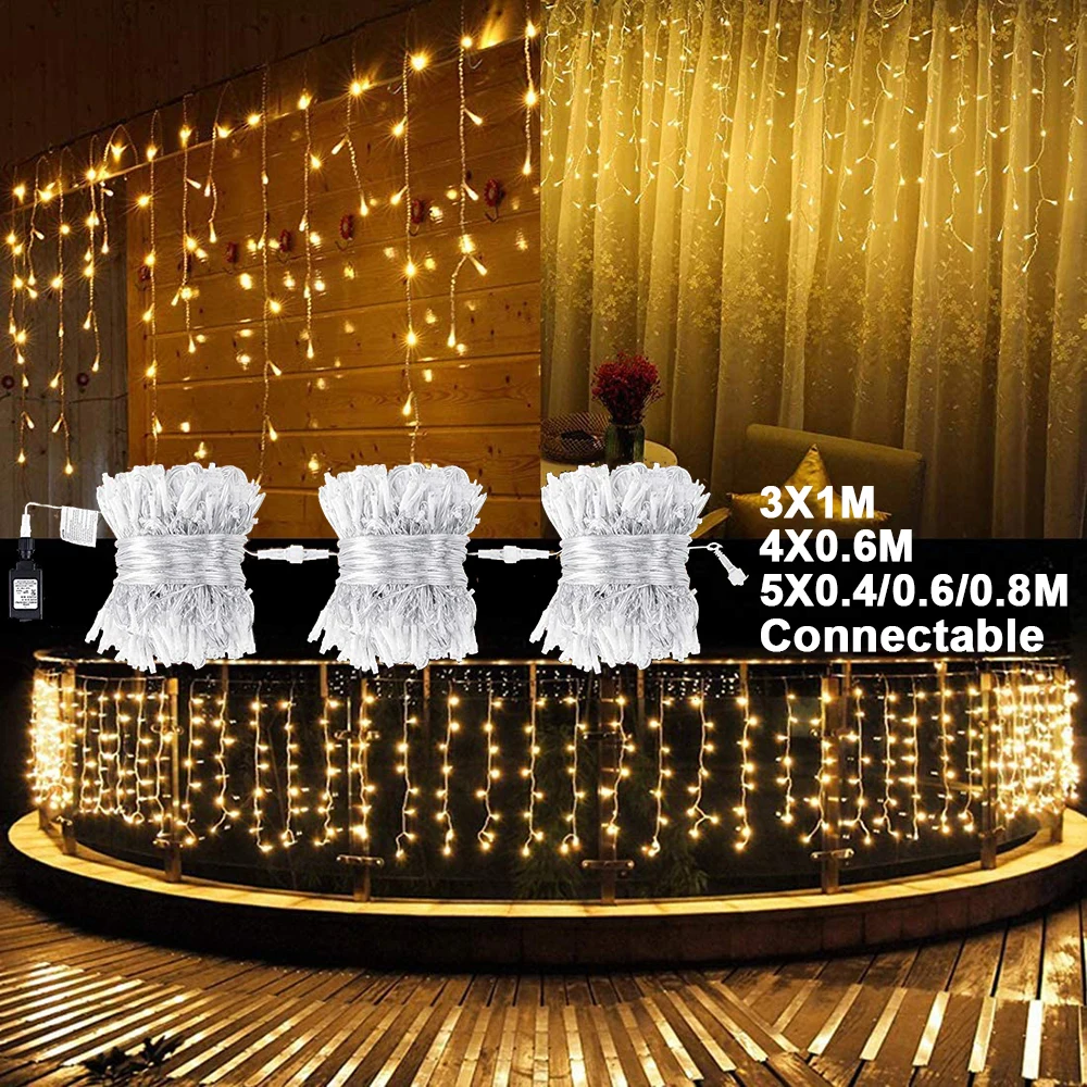 

Christmas 8 Modes Curtain LED Lights 3M 4M 5M Icicle Fairy String Light Party Decorations Rattan Chain Outdoor Light D30