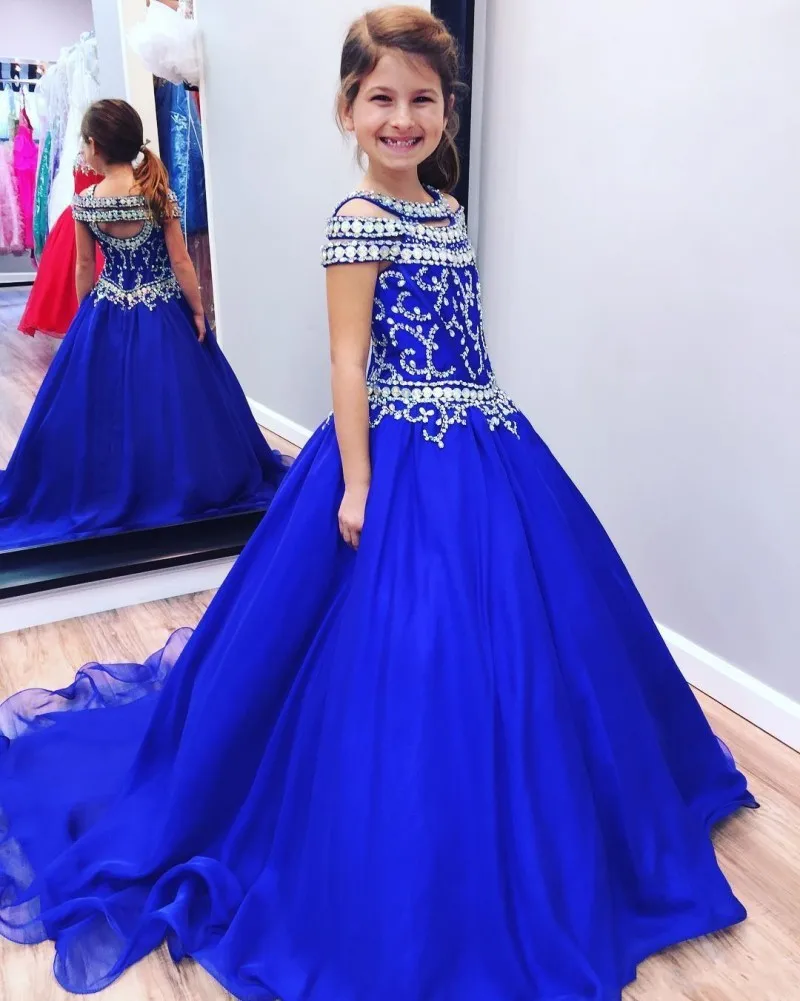 

Royal Blue Crystals Toddler Girls Pageant Dresses A Line Flower Girls Dress Glitz Birthday First Communion Party Gowns