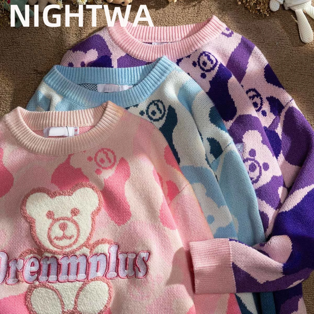 

NIGHTWA Women Sweater Aesthetic Tops Pullovers Cartoon Bear Color Matching Knitted Top Korean Fashion Long Sleeve Winter Clothes
