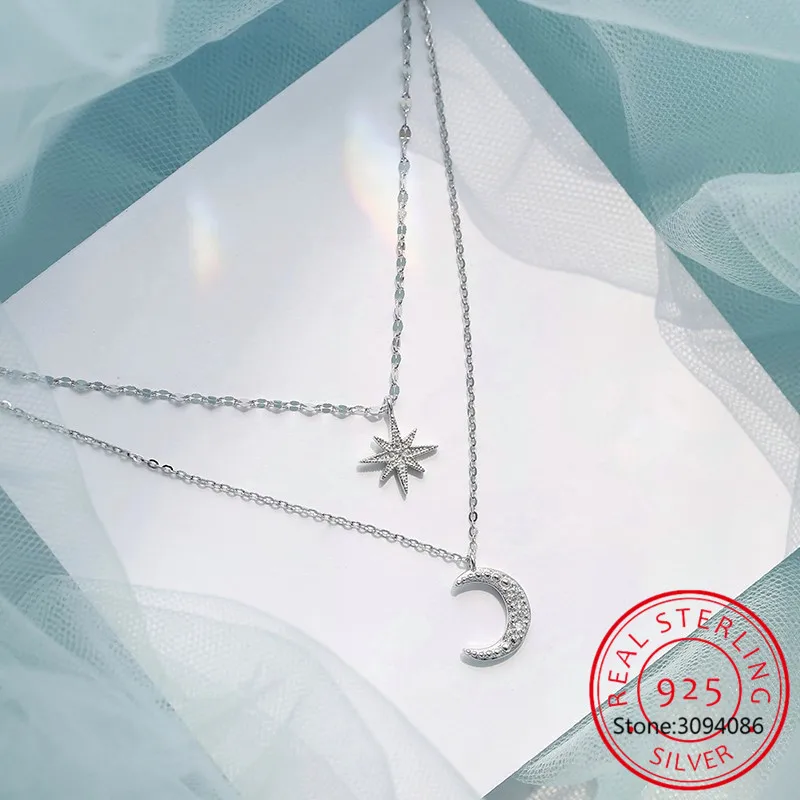 

2021 New 925 Sterling Silver Double Layer Star Moon Necklace Women Clavicle Chain Fine Jewelry Party Wedding Accessories