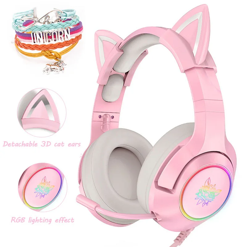 Orelha com Fio Fones de Ouvido com Microfone Fone de Ouvido Gaming Headset Gato Menina Bonito Redução Ruído 3.5mm Telefone Móvel Ps4 Gamer
