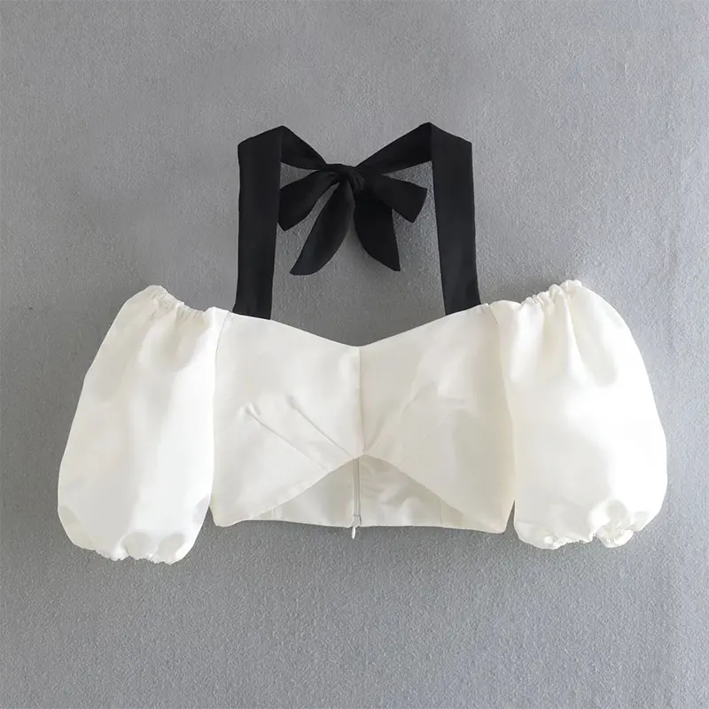 

Nlzgmsj ZBZA Women 2023 Vintage Blouse Women Off Shoulder Short Sleeve Crop Tops Solid Sexy Elegant Blouses Tops Female 202301