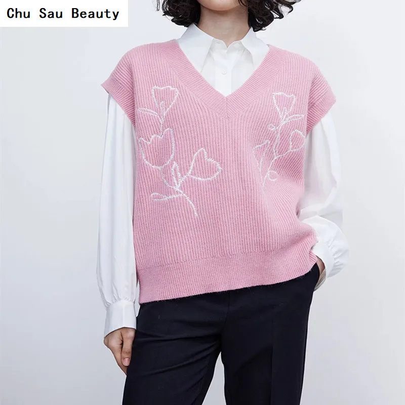 

Chu Sau Beauty New Women Floral Knitted Pink V-Neck Vest Spring&Autumn Slim Fashion Loose Sleeveless All-Match Sweet Top