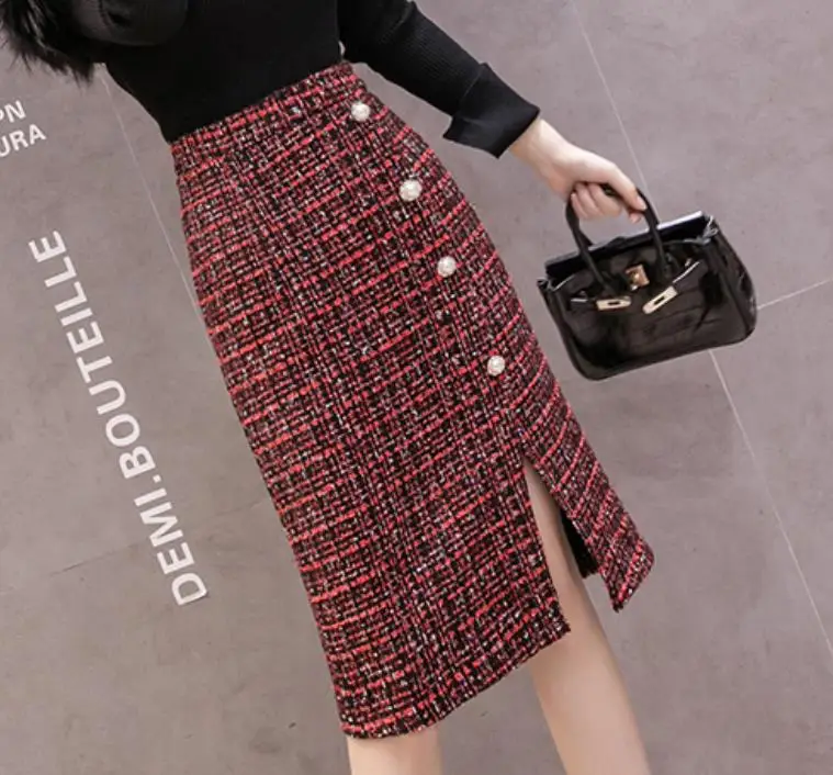 

High Waist A-Line Business Work split skirt Vintage Plaid Tweed Skirt Women autumn winter Wool