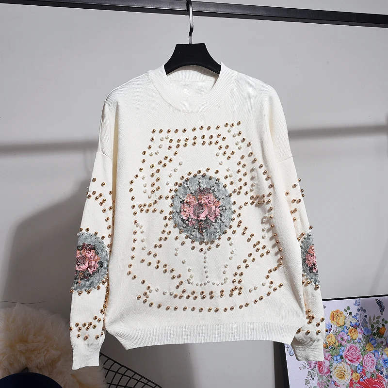 

Handmade Embroidery Beading Tracksuit Knitted Sweaters+Trousers 2 Pieces Sets Women Clothes Female Knitting Suits