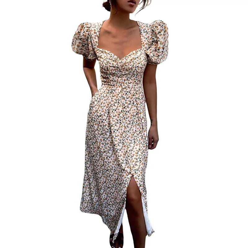 

Puff Sleeve Dress Women's Beach Square Collar Dresses for Girls Waist Split Polyester Floral Party With Pattern Short Sleeves