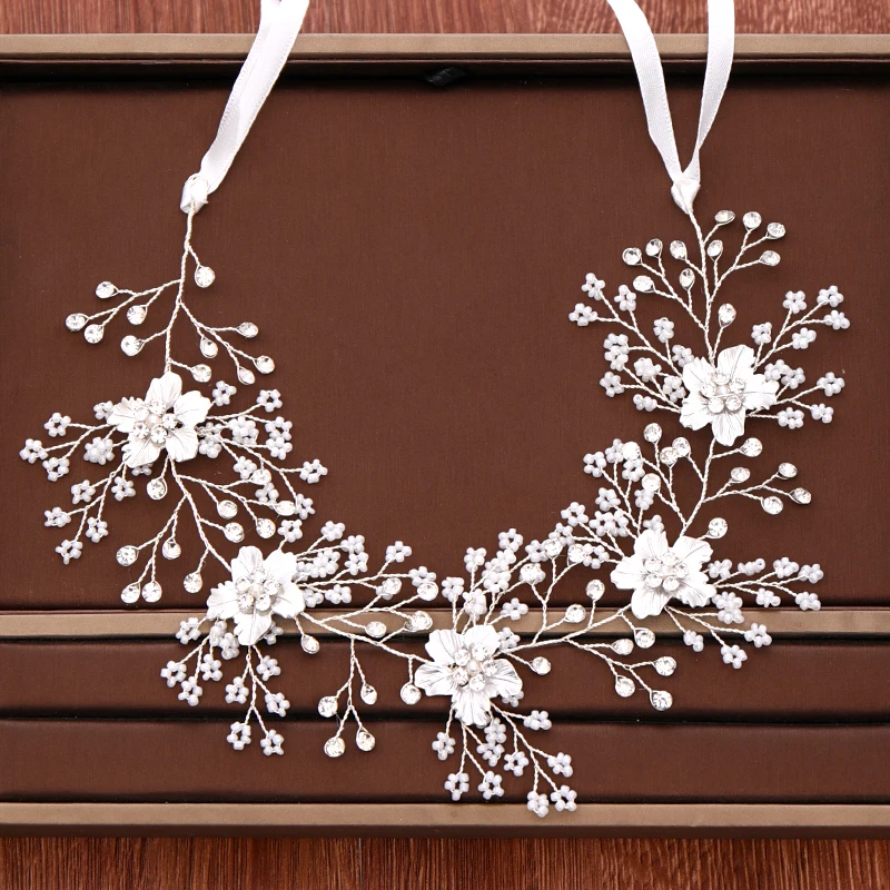 

White Flower Headband Wedding Bridal Hair Accessories Headpiece Rhinestone wedding Headband Hair Ornaments Handmade Bridal Tiara
