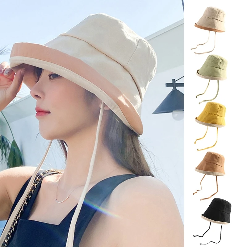 

Women Summer Sunscreen Dome Bucket Hat Roll-Up Wide Brim Contrast Color Outdoor Casual Travel Fisherman Cap with Chin Strap