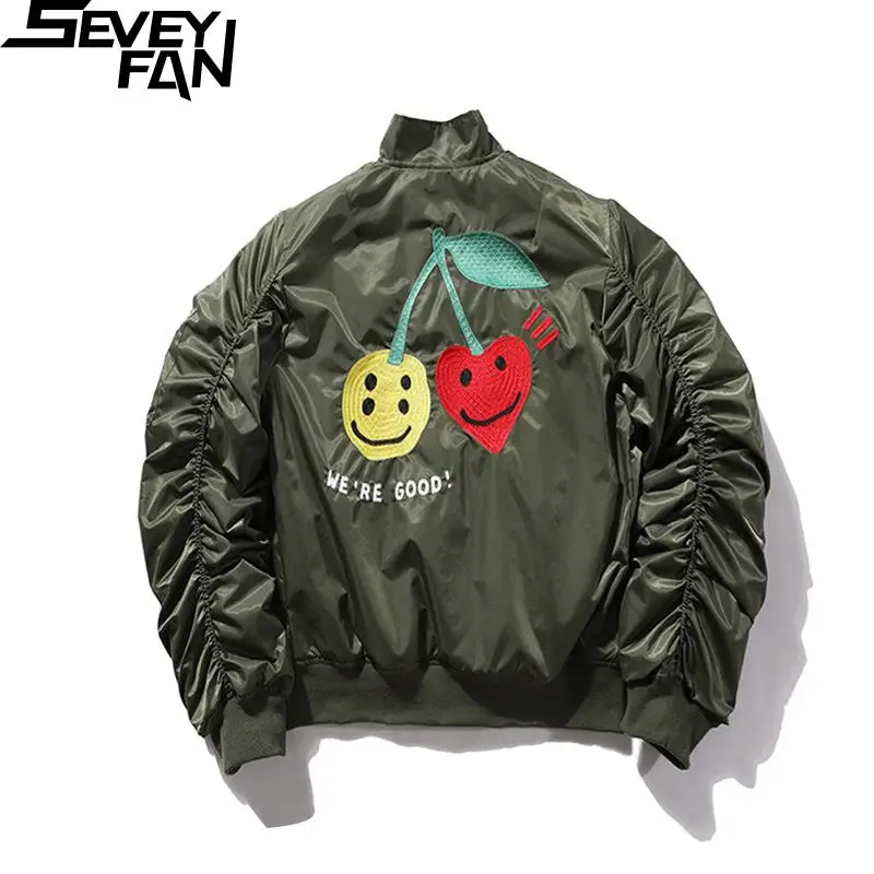 

Мужская зимняя куртка-бомбер SEVEYFAN Kanye с вышивкой со смайликом, бейсбольная куртка ВВС MA1, армейское пуховое хлопковое пальто для мужчин