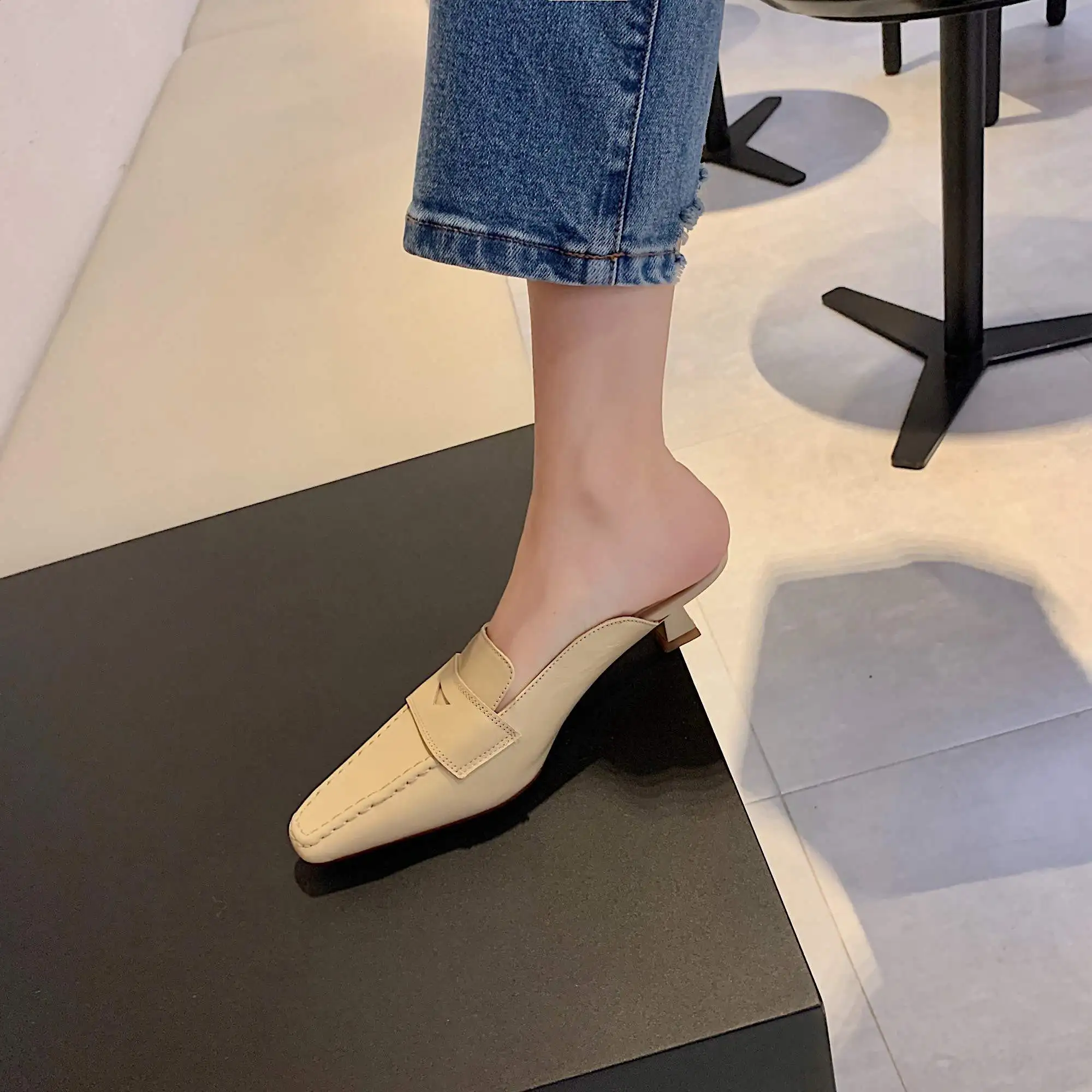 

Krazing pot genuine leather square toe med heel dating European style energy fashion gentlewomen slip on mules sandals women L09