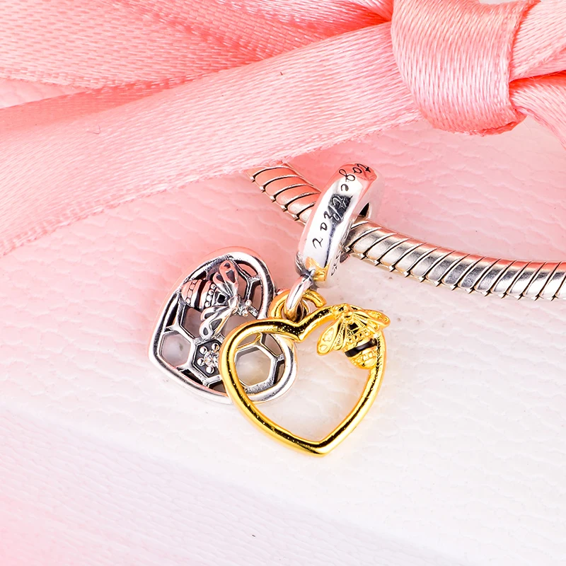 

Genuine 925 Sterling Silver Hearts & Bees Dangle Charm Beads Fit Original Pandora Bracelet Necklace S925 Jewelry Gift