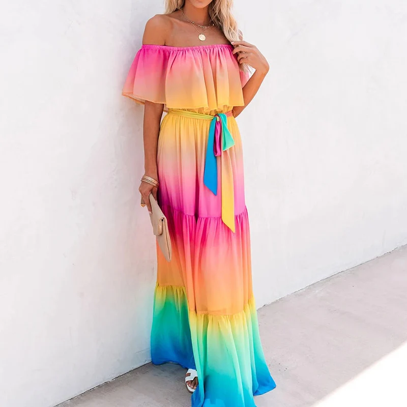 Женское платье макси с открытыми плечами и оборками на рукавах радужные Меняющие