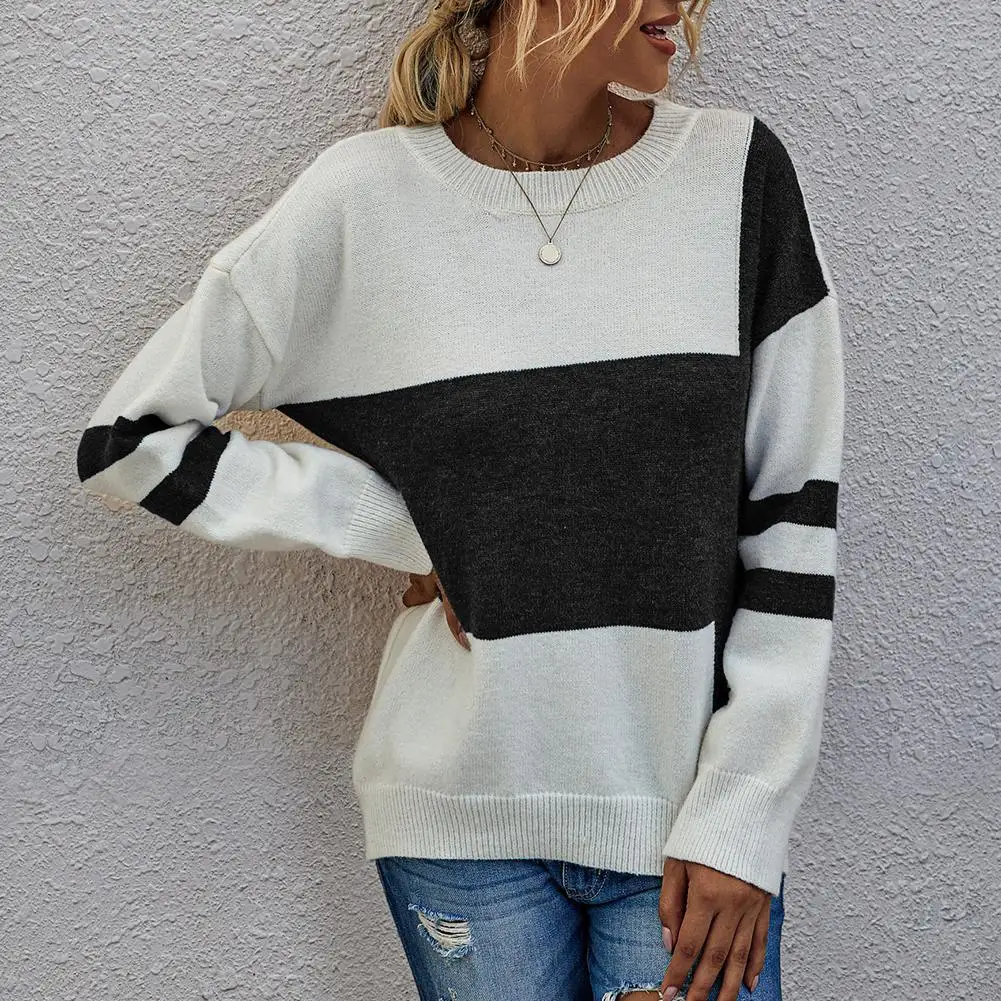 

Fashion Women Autumn Long Sleeve O Neck Sweater Color Block Knitwear Jumpers