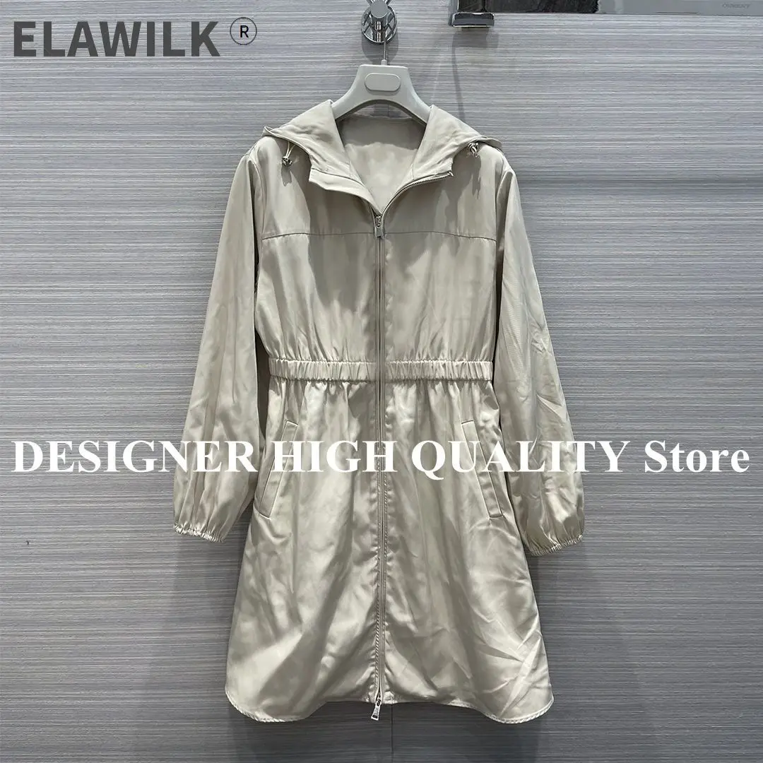 

New Autumn Fashion Loose Long Parka Trench Coat Solid Color Hooded Zipper Fly Elastic High Waist Streetwear Coat Casual Outwear