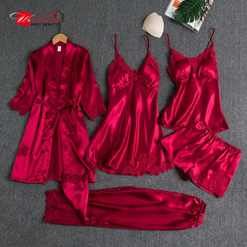 

5PCS Female Pajamas Sleepwear Set Satin Pyjamamas Sexy Lace Patchwork Bridal Wedding Nightwear Rayon Home Wear Nighty&Robe Suit