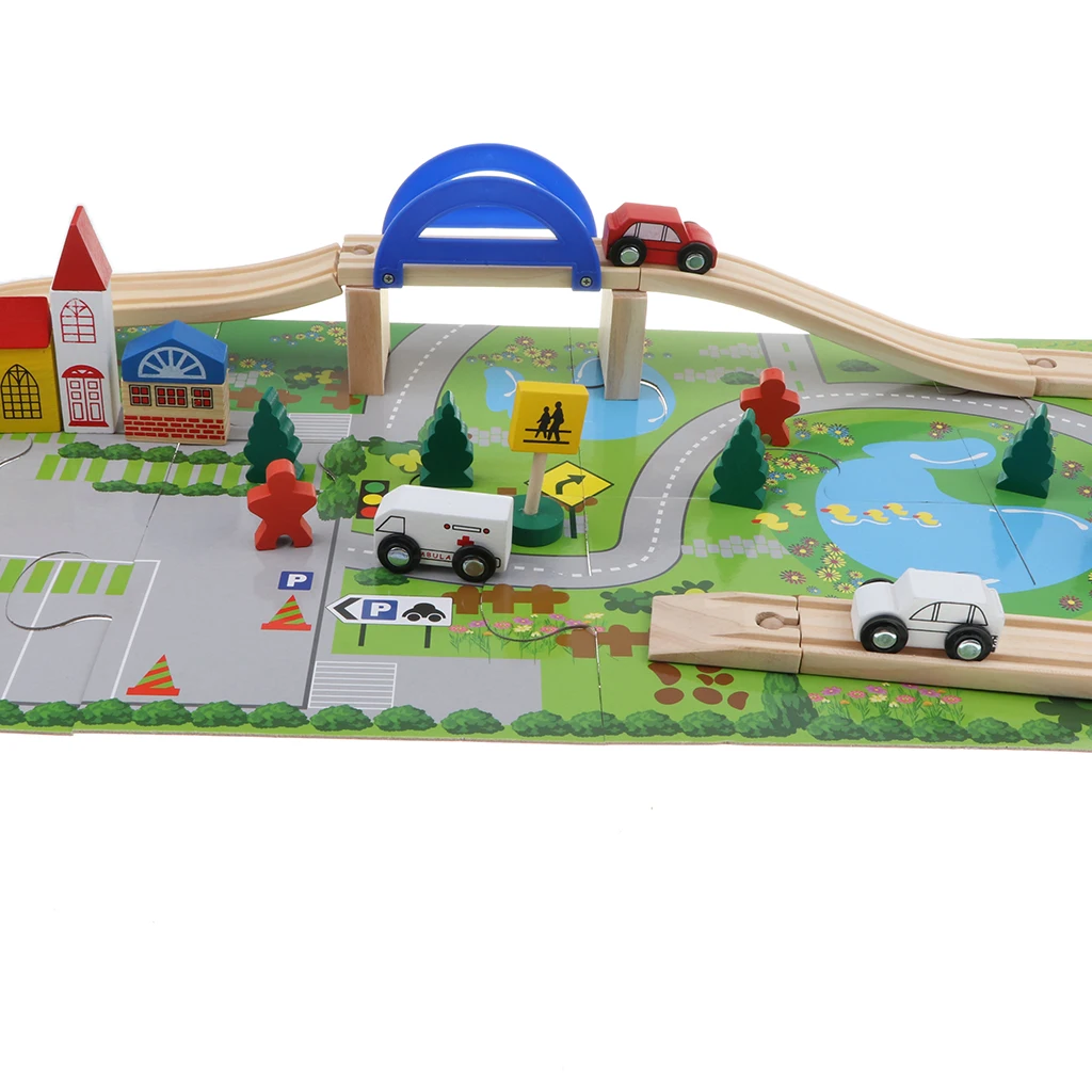 

Wooden City Transportation Toy Set, 40 Building Blocks + Floor Jigsaw Puzzle