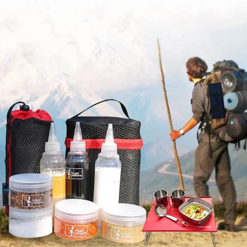 7pcs Outdoor Camping Tableware Spice Jar Seasoning Box Storage Container two Bags BBQ Picnic Travel Camp Cookware Set|Столовые приборы